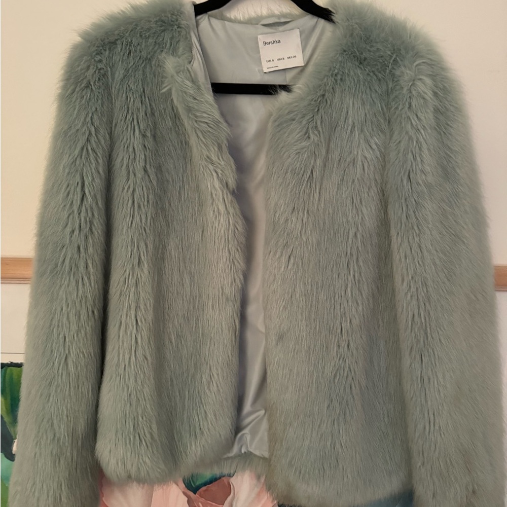 Bershka Women's Light Blue Faux Fur Jacket